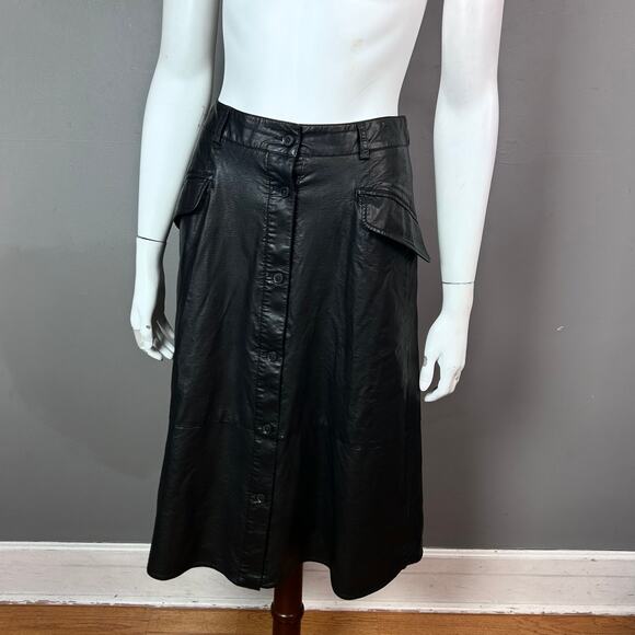 Banana Republic skirt 4 black faux leather a-line button up front midi retro - Picture 2 of 9